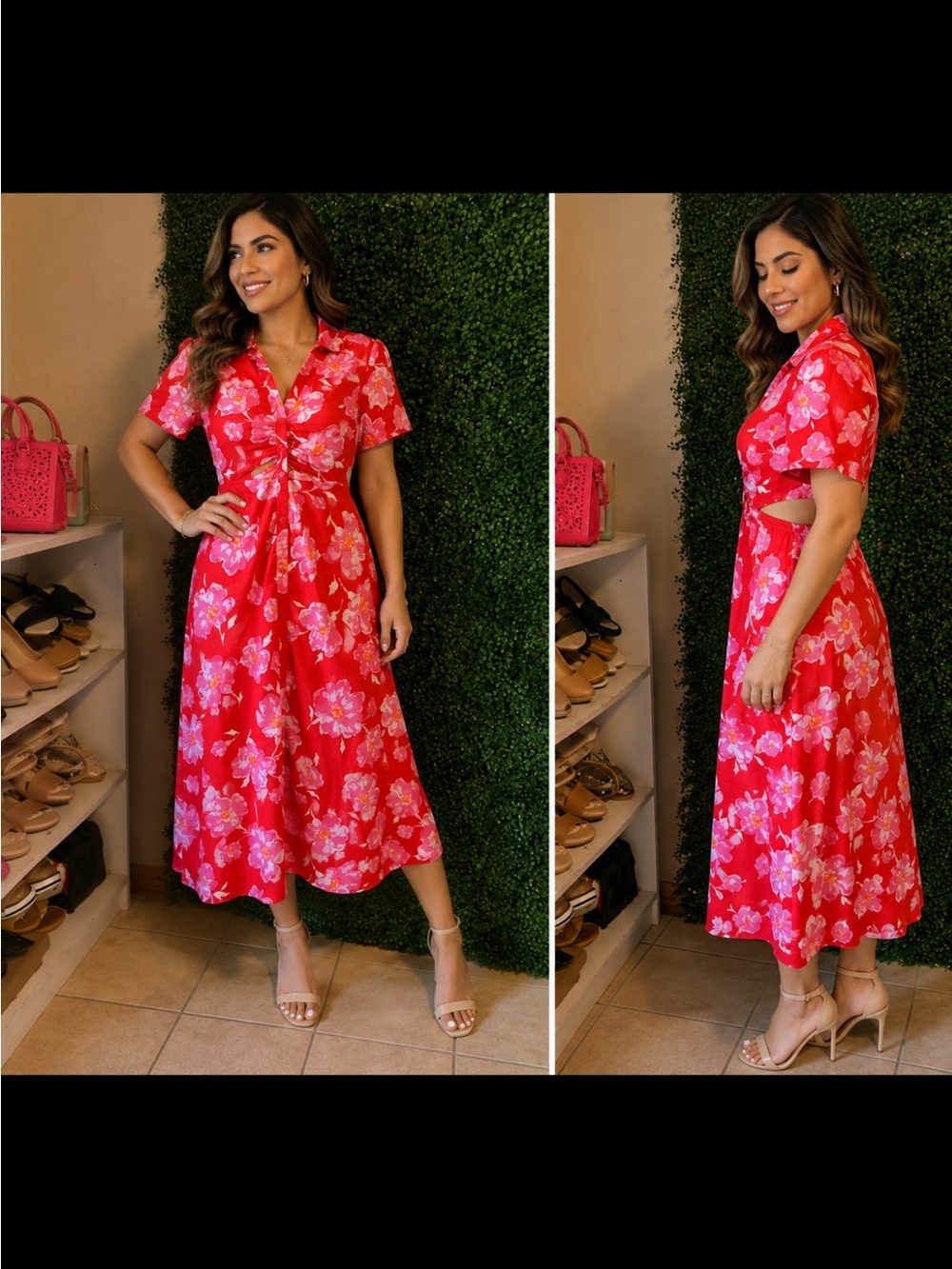 Old Navy Red Floral Midi Dress with Pink Blossoms